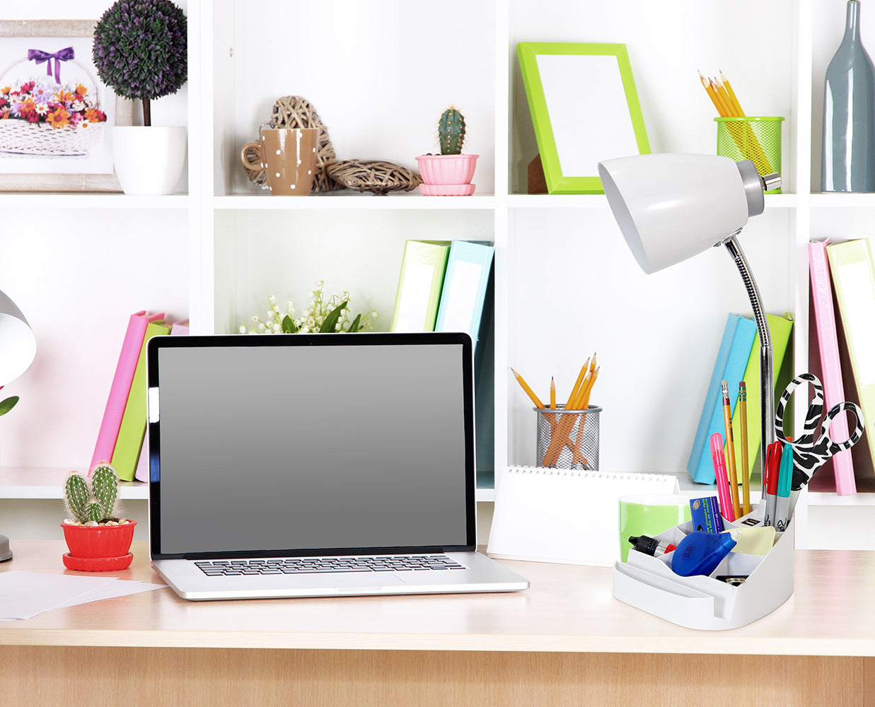 All The Rages Simple Designs White Semi-Flexible Desk Lamp With iPad Tablet Stand Book Holder & USB Charging Outlet