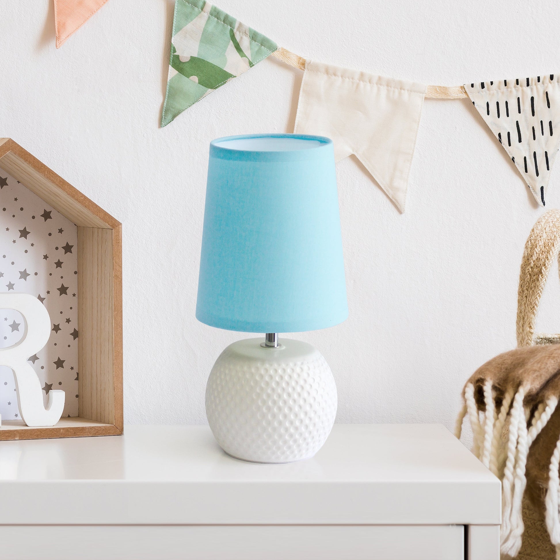 All The Rages Simple Designs White Studded Texture Ceramic Table Lamp With Blue Shade