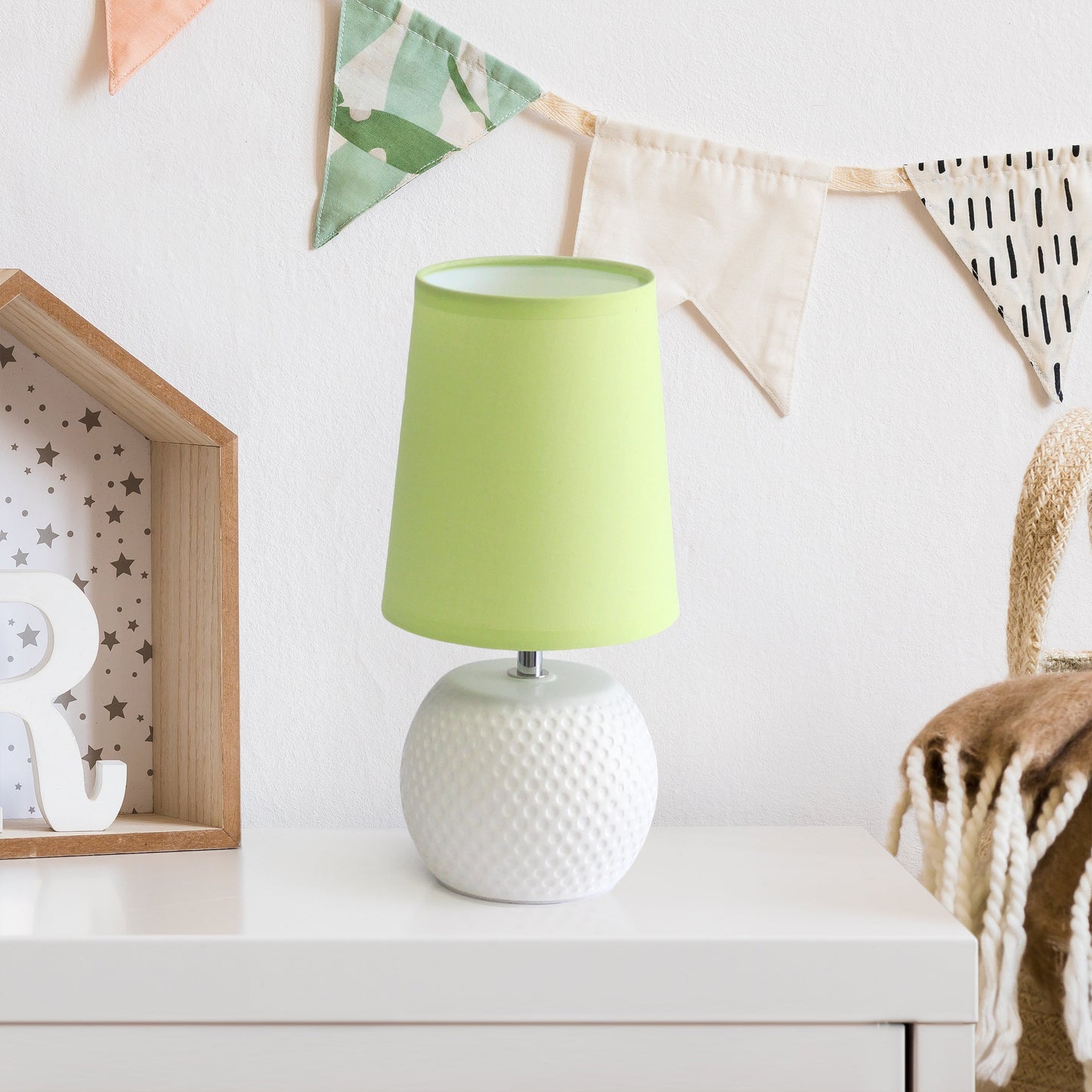 All The Rages Simple Designs White Studded Texture Ceramic Table Lamp With Green Shade