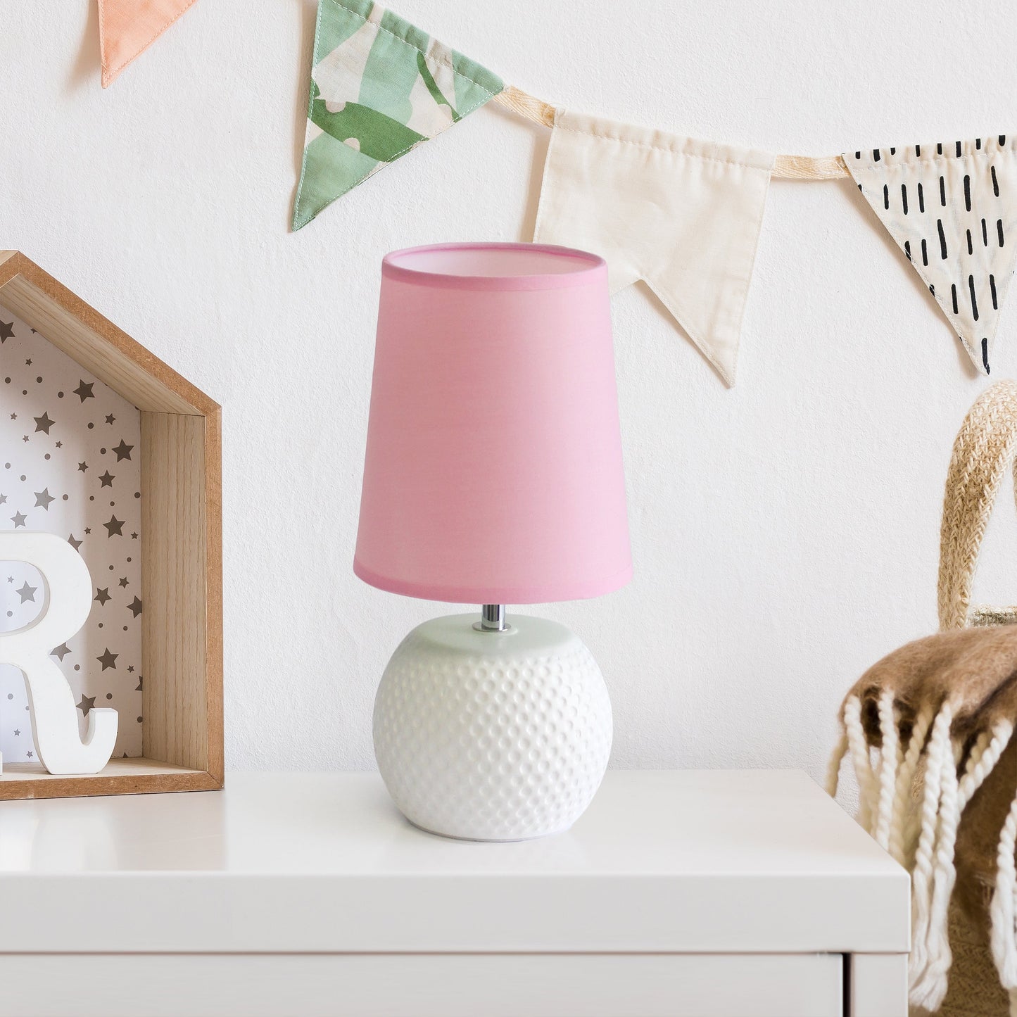 All The Rages Simple Designs White Studded Texture Ceramic Table Lamp With Pink Shade