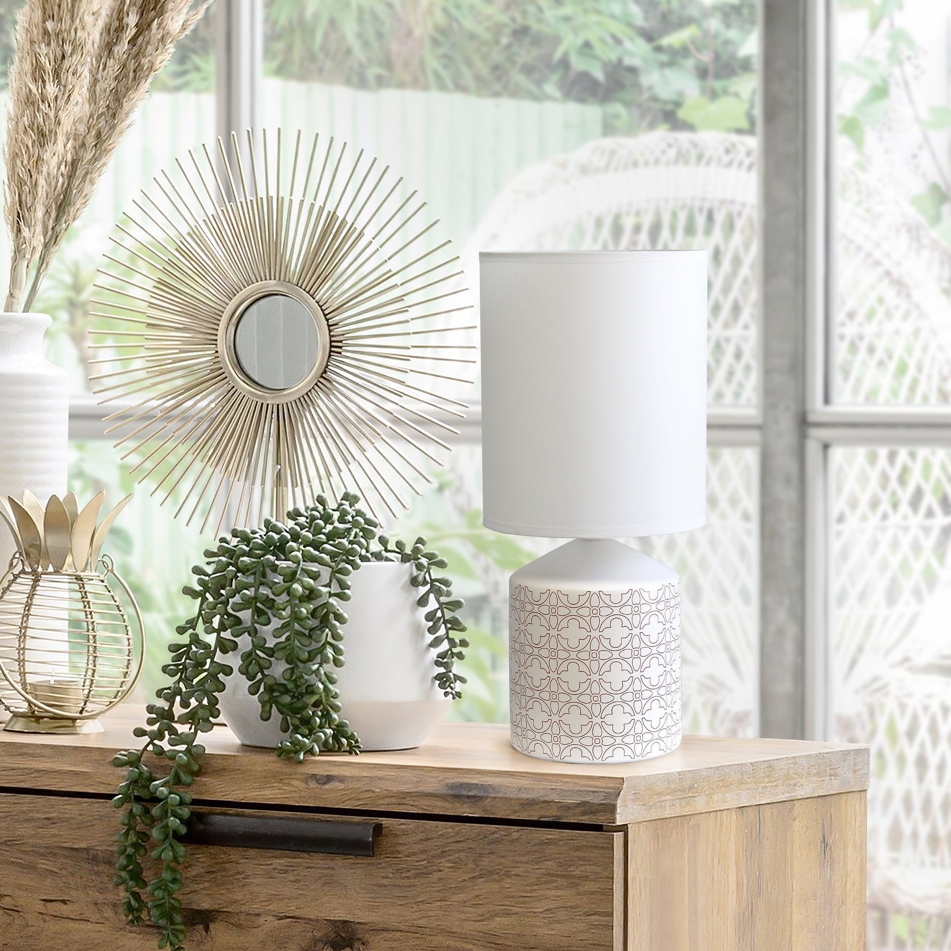 All The Rages Simple Designs White & Tan Flowers Prints Table Lamp