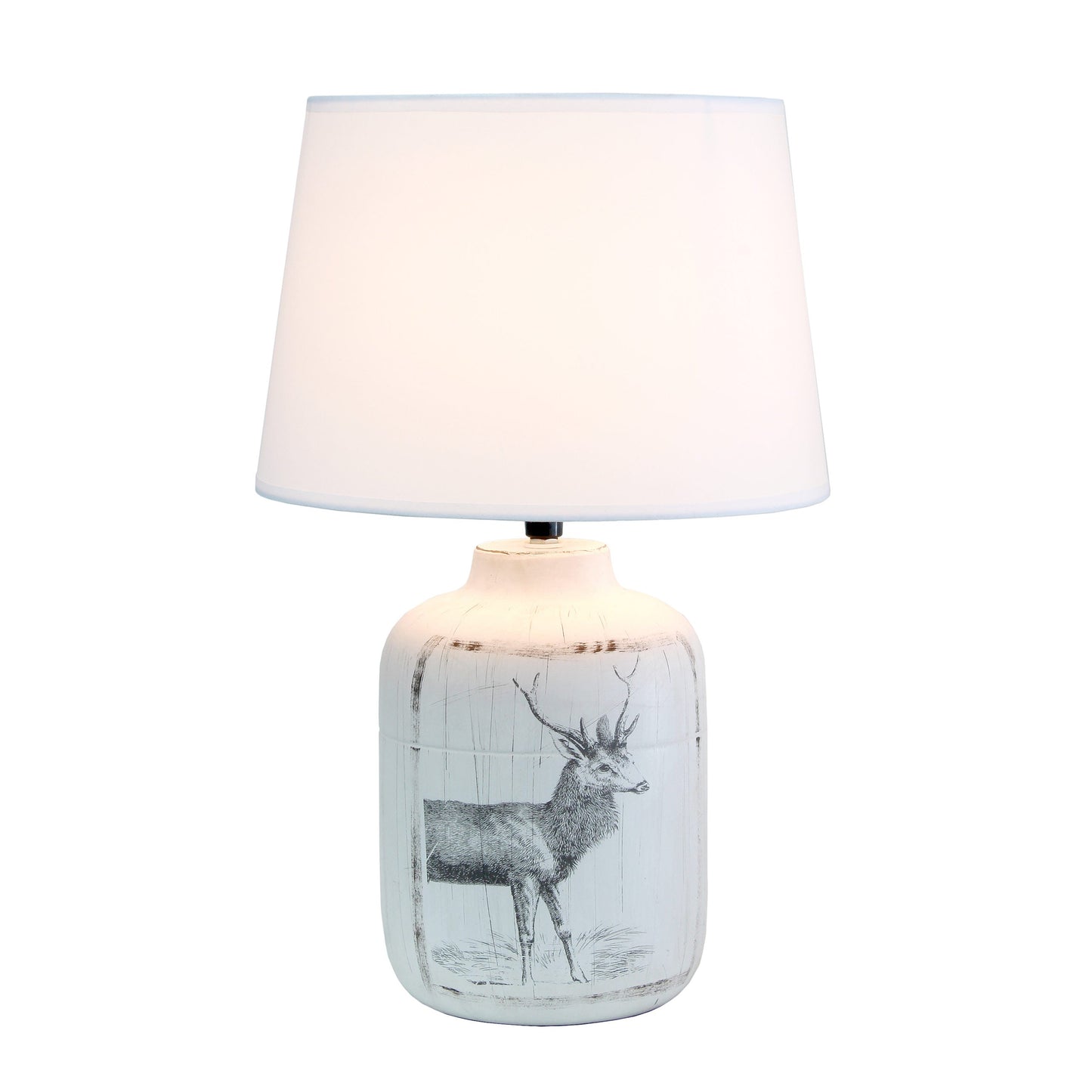 All The Rages Simple Designs White Wash Rustic Deer Buck Nature Printed Ceramic Farmhouse Accent Table Lamp With White Fabric Shade