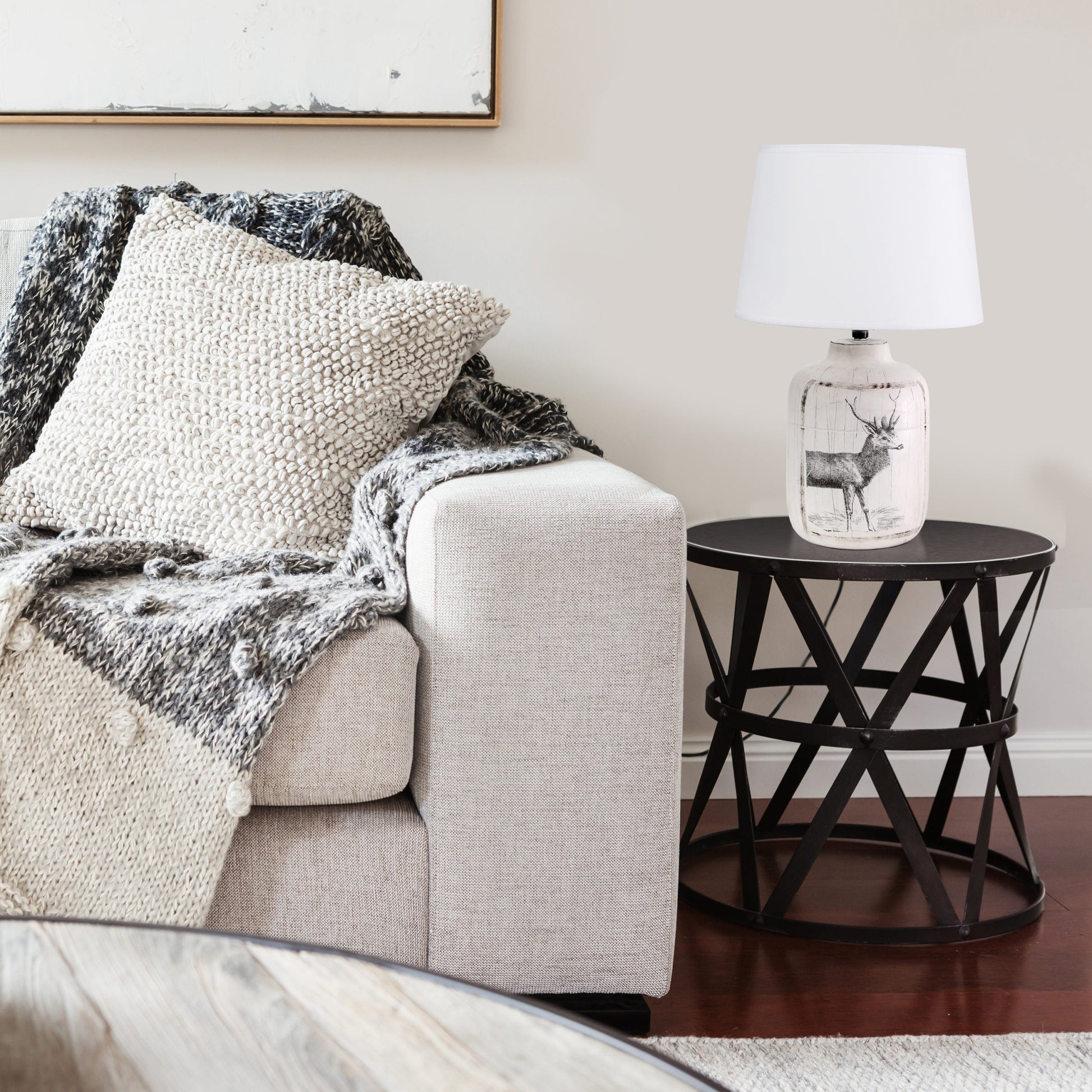 All The Rages Simple Designs White Wash Rustic Deer Buck Nature Printed Ceramic Farmhouse Accent Table Lamp With White Fabric Shade