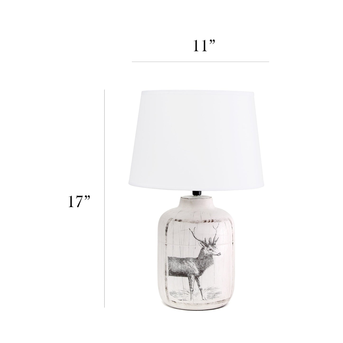 All The Rages Simple Designs White Wash Rustic Deer Buck Nature Printed Ceramic Farmhouse Accent Table Lamp With White Fabric Shade