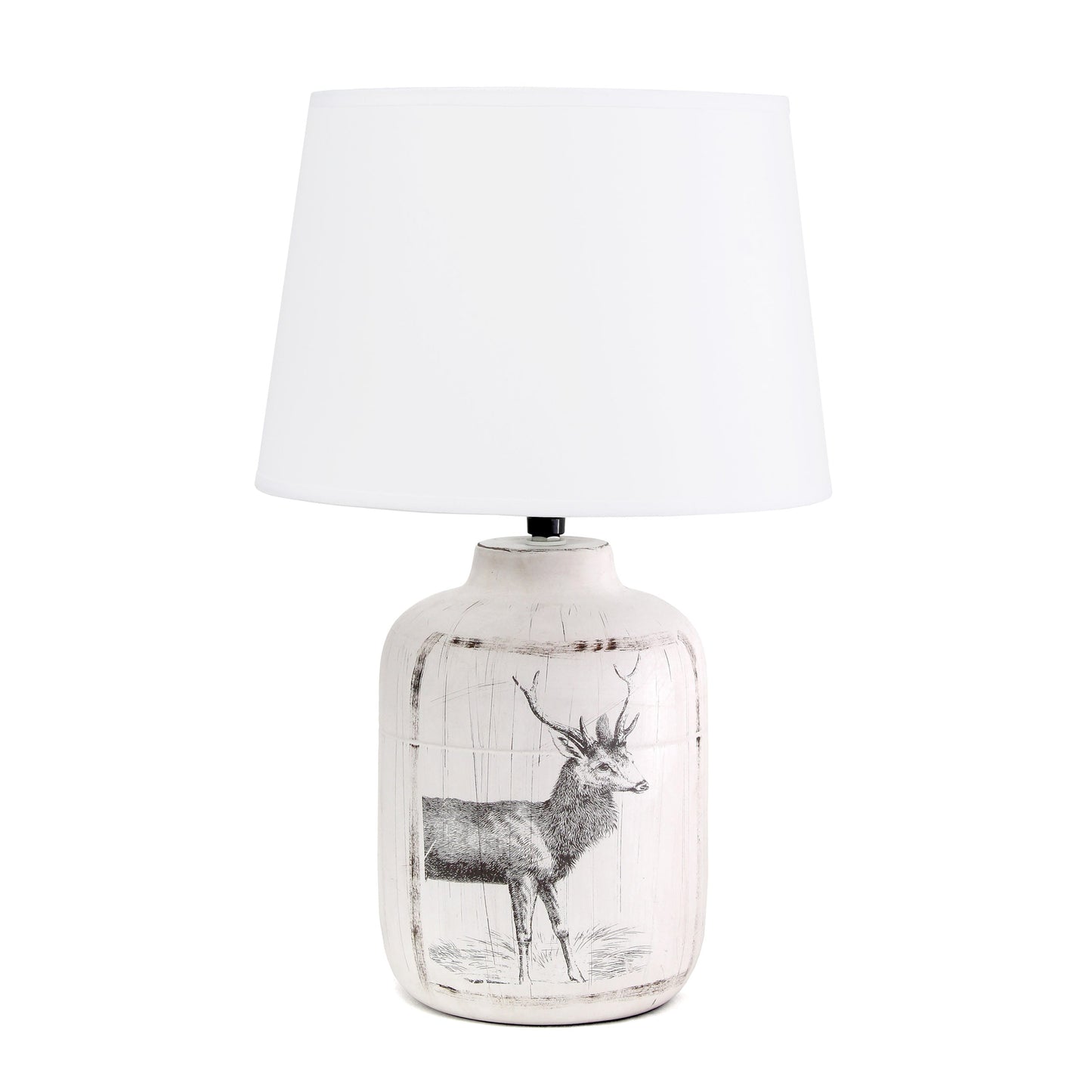 All The Rages Simple Designs White Wash Rustic Deer Buck Nature Printed Ceramic Farmhouse Accent Table Lamp With White Fabric Shade