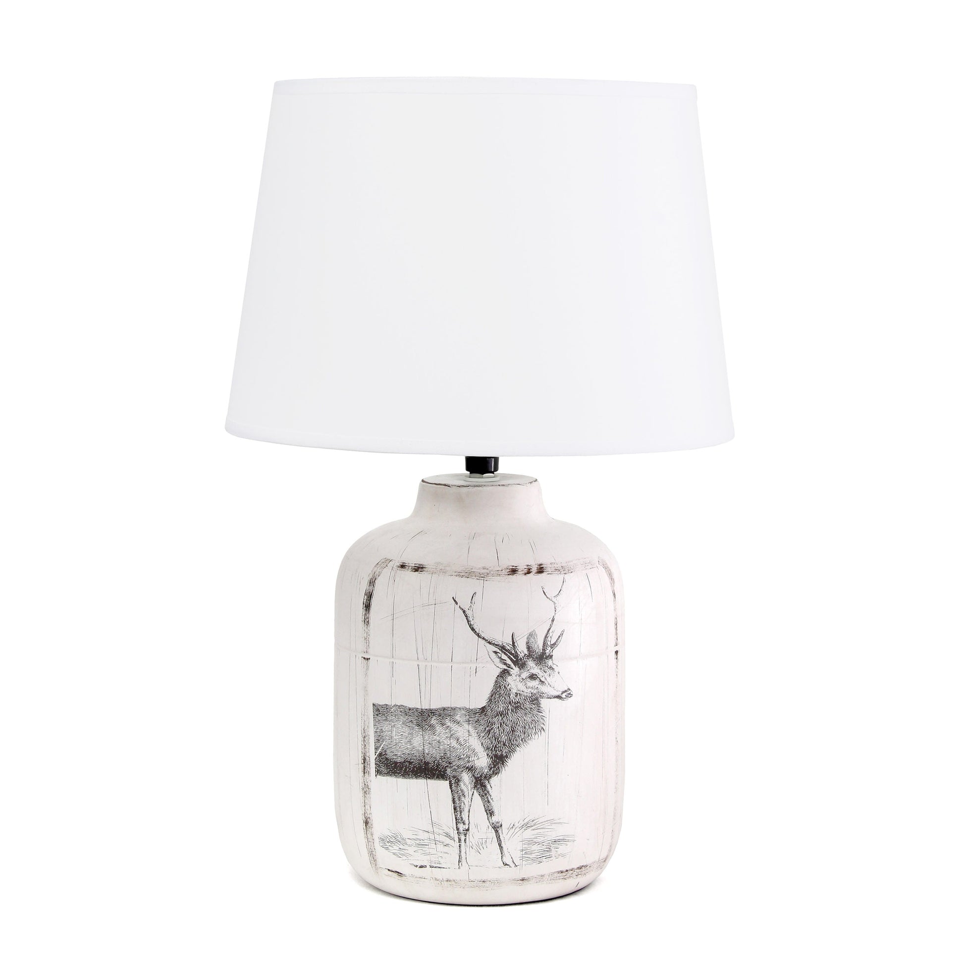All The Rages Simple Designs White Wash Rustic Deer Buck Nature Printed Ceramic Farmhouse Accent Table Lamp With White Fabric Shade