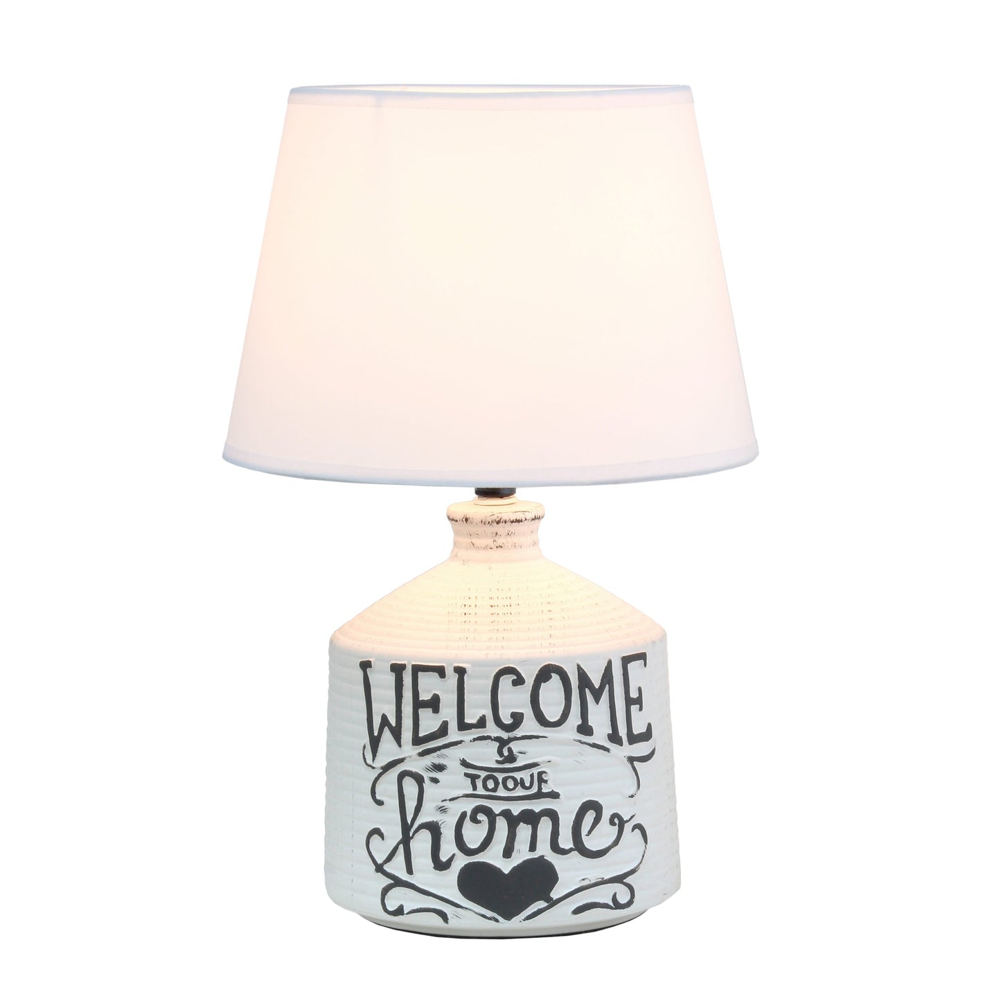 All The Rages Simple Designs White Welcome Home Rustic Ceramic Farmhouse Foyer Entryway Accent Table Lamp With White Fabric Shade