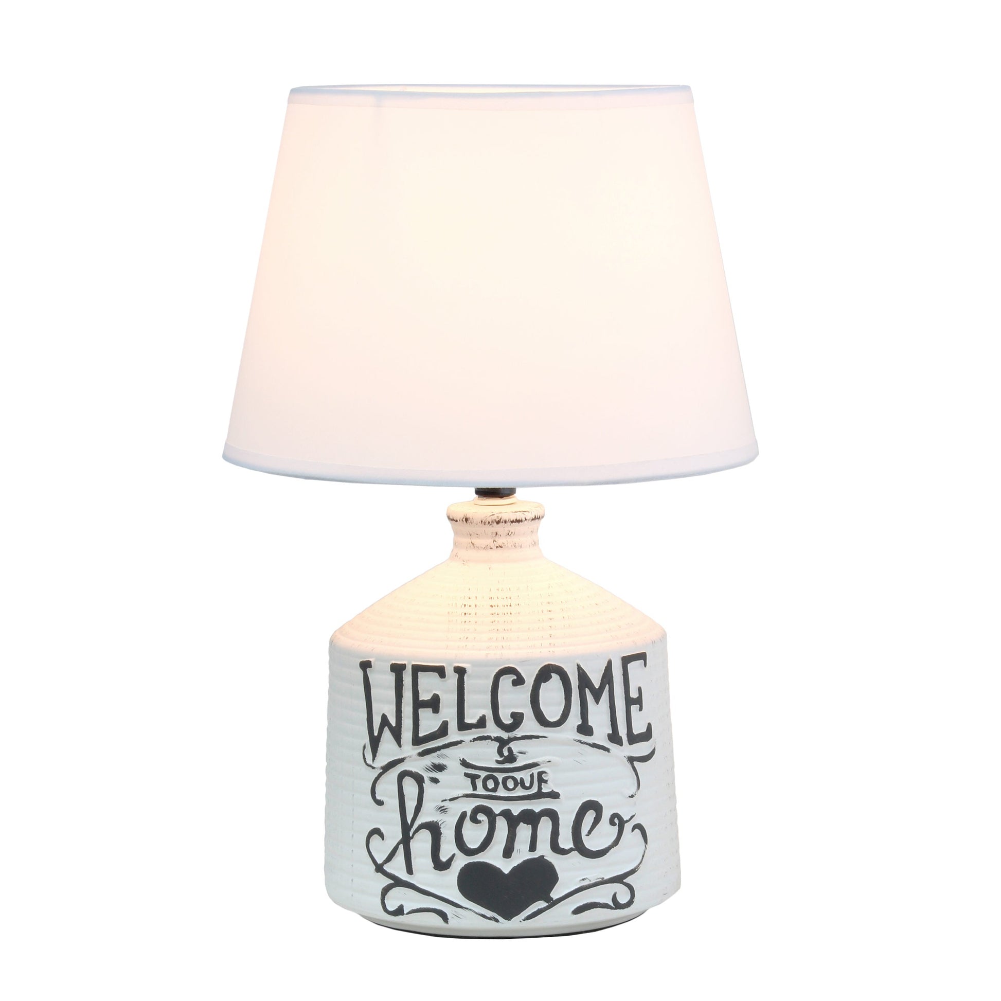 All The Rages Simple Designs White Welcome Home Rustic Ceramic Farmhouse Foyer Entryway Accent Table Lamp With White Fabric Shade
