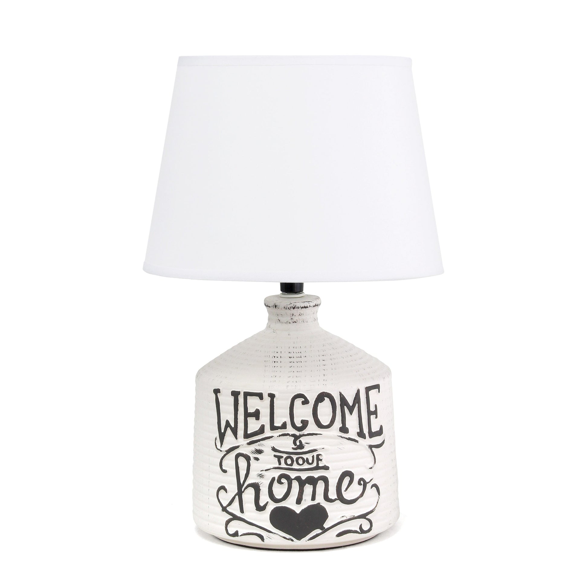 All The Rages Simple Designs White Welcome Home Rustic Ceramic Farmhouse Foyer Entryway Accent Table Lamp With White Fabric Shade