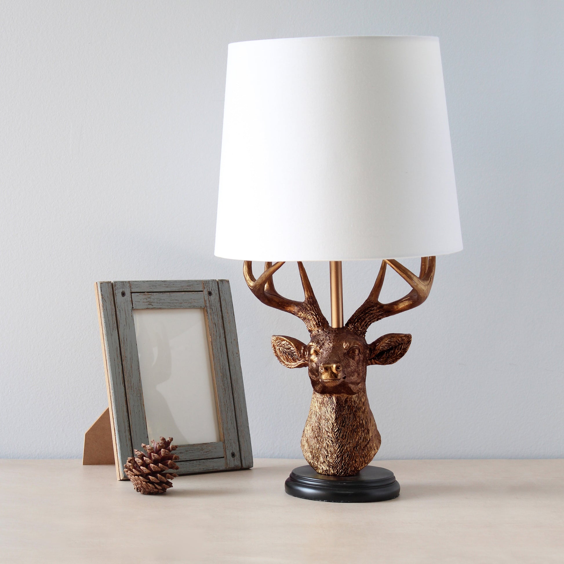 All The Rages Simple Designs Woodland 17" Tall Rustic Antler Copper Deer Table Lamp With Tapered White Fabric Shade