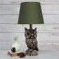 All The Rages Simple Designs Woodland 20" Polyresin Brown & White Night Owl Novelty Table Lamp With Green Tapered Drum Fabric Shade
