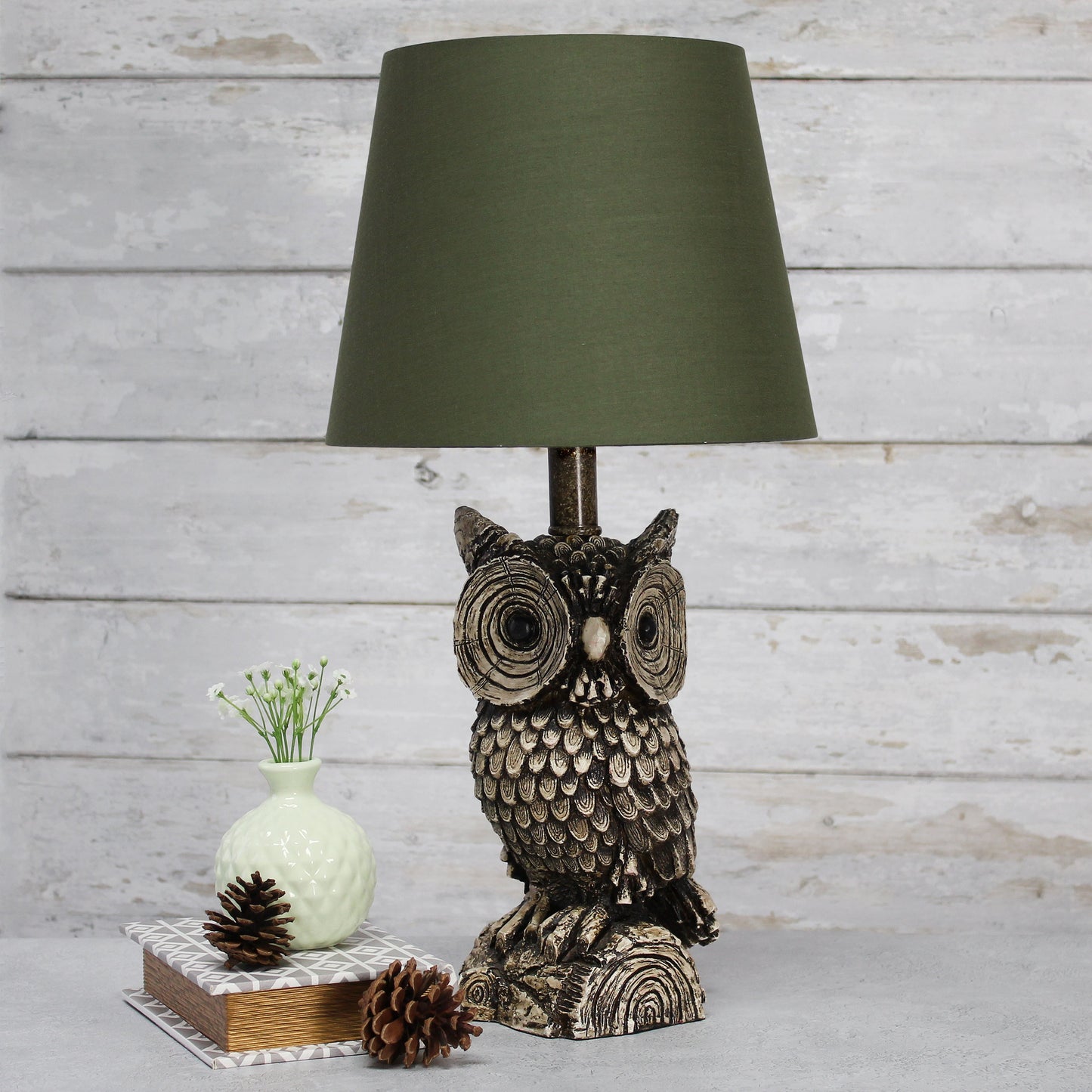All The Rages Simple Designs Woodland 20" Polyresin Brown & White Night Owl Novelty Table Lamp With Green Tapered Drum Fabric Shade