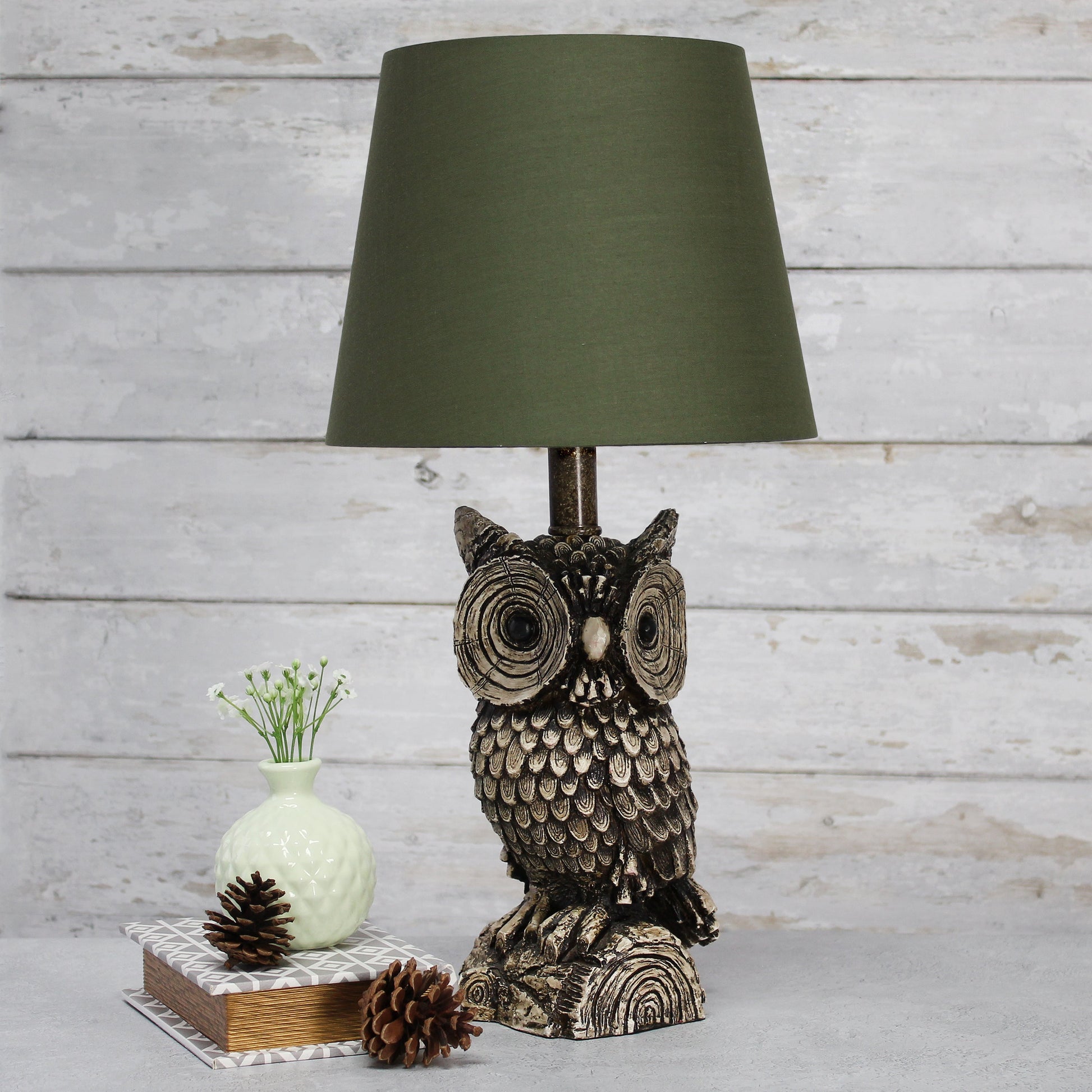 All The Rages Simple Designs Woodland 20" Polyresin Brown & White Night Owl Novelty Table Lamp With Green Tapered Drum Fabric Shade