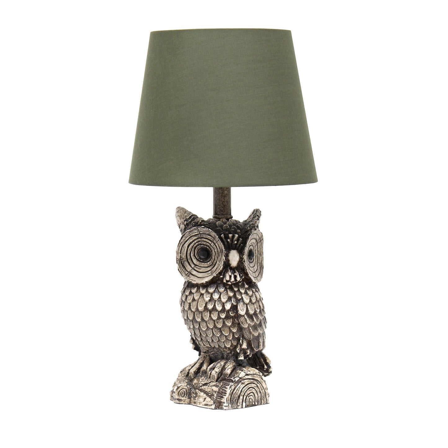All The Rages Simple Designs Woodland 20" Polyresin Brown & White Night Owl Novelty Table Lamp With Green Tapered Drum Fabric Shade