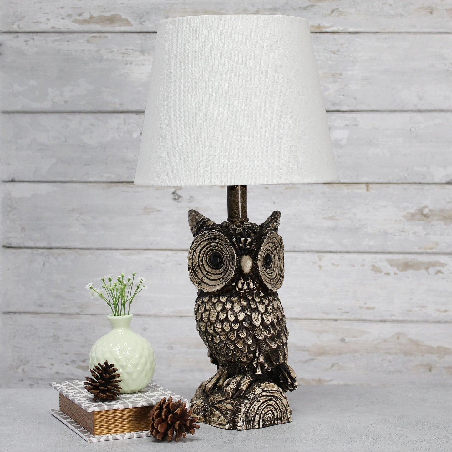 All The Rages Simple Designs Woodland 20" Polyresin Brown & White Night Owl Novelty Table Lamp With White Tapered Drum Fabric Shade