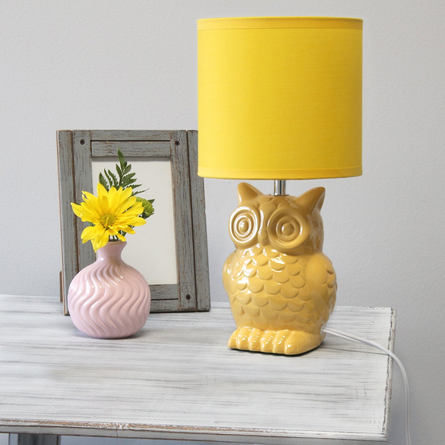 All The Rages Simple Designs Yellow 13" Ceramic Owl Table Lamp With Matching Fabric Shade