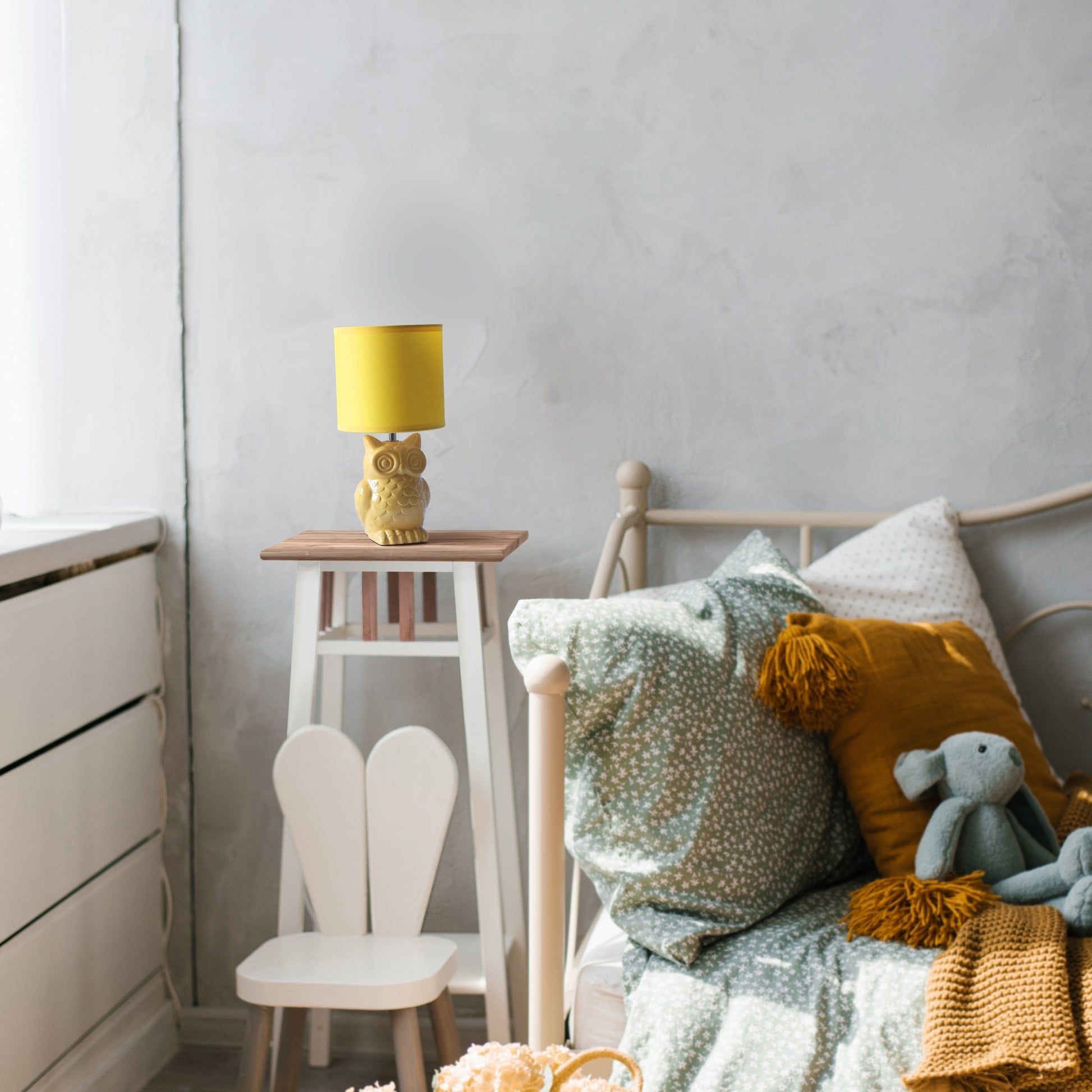 All The Rages Simple Designs Yellow 13" Ceramic Owl Table Lamp With Matching Fabric Shade