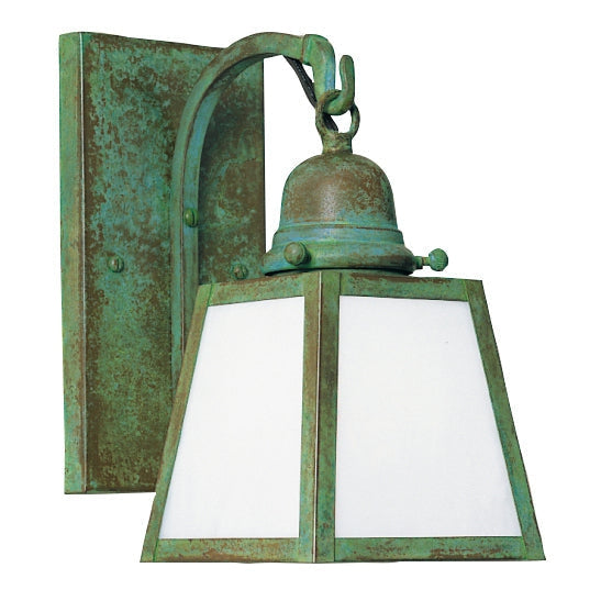 Arroyo Craftsman A-Line 5" x 9" Antique Brass Wall Mount with T-Bar Overlay and Rain Mist Glass Shade