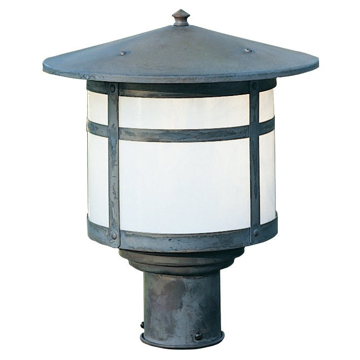 Arroyo Craftsman Berkeley 11" Antique Copper Post Mount With Gold White Iridescent Glass Shade