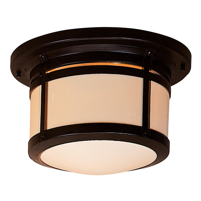 Arroyo Craftsman Berkeley 14" x 9" Antique Brass Flush Ceiling Mount With Amber Mica Glass Shade