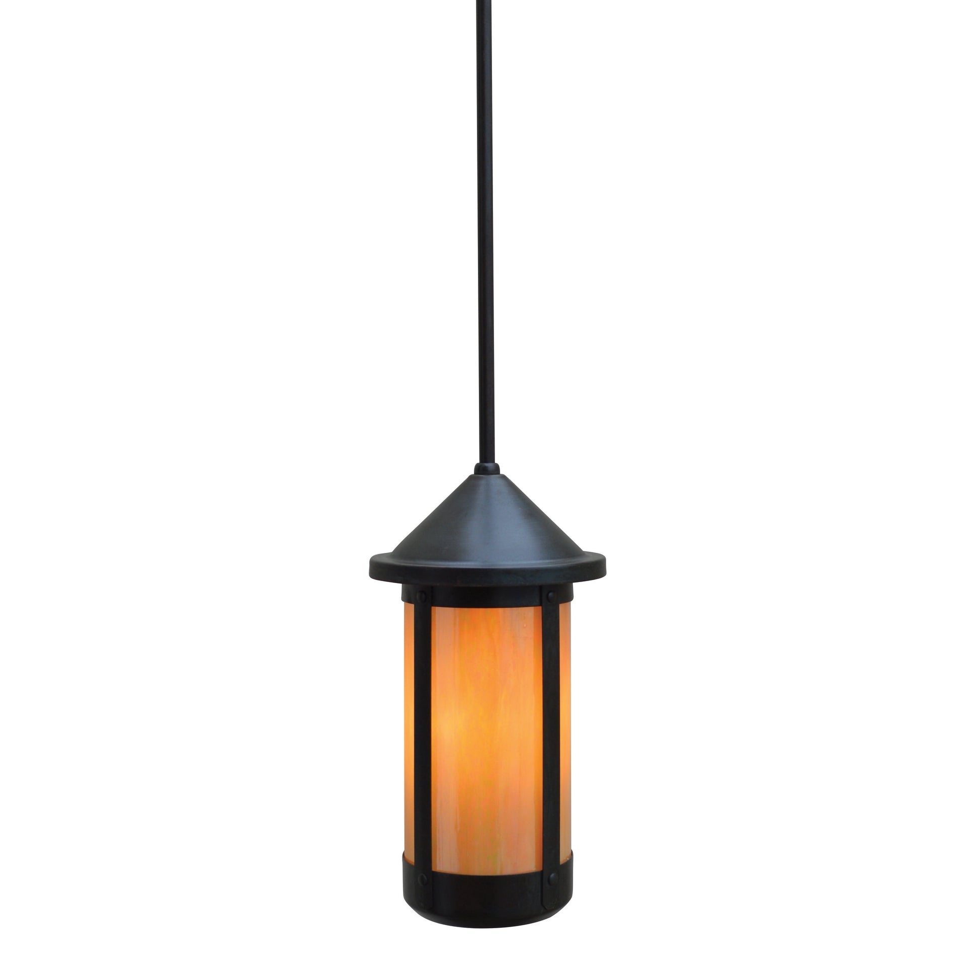 Arroyo Craftsman Berkeley 6" Mission Brown Long Body Stem Hung Pendant With Gold White Iridescent Glass Shade