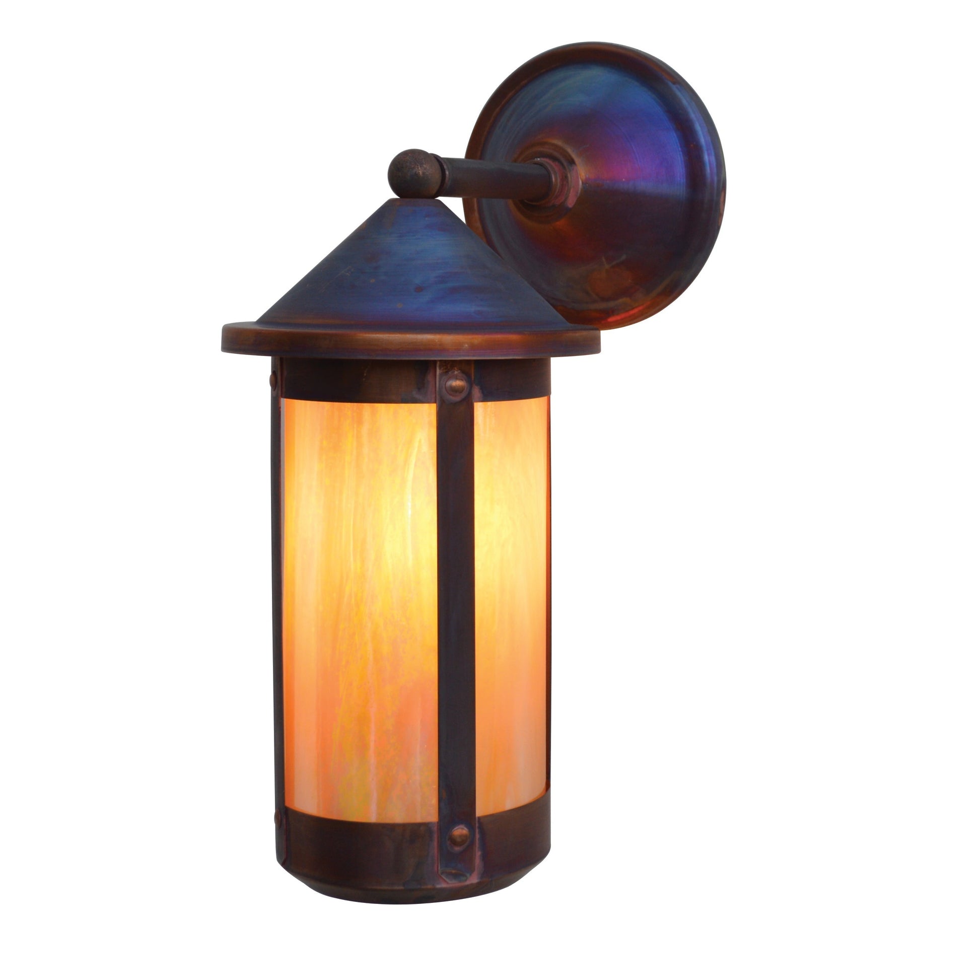 Arroyo Craftsman Berkeley 7" x 17" Antique Copper Long Body Wet Rated Wall Mount With Almond Mica Glass Shade