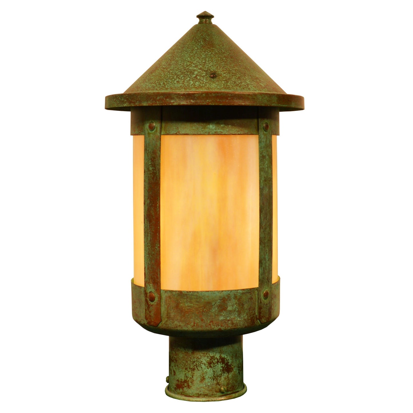 Arroyo Craftsman Berkeley 8" Rustic Brown Post Mount With Gold White Iridescent Glass Shade
