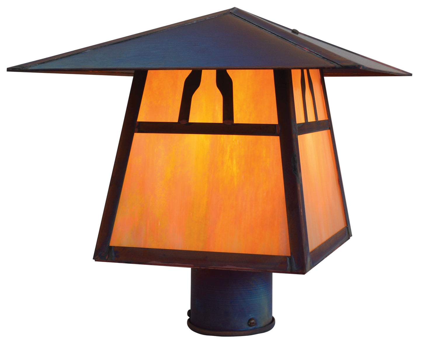 Arroyo Craftsman Carmel 12" Antique Copper Post Mount With White Opalescent Glass and T-Bar Overlay