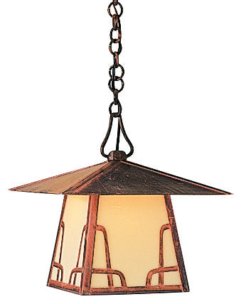 Arroyo Craftsman Carmel 12" Verdigris Patina Pendant Lighting With Tan Glass and T-Bar Overlay