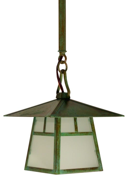 Arroyo Craftsman Carmel 8" Antique Copper Stem Hung Pendant With White Opalescent Glass and T-Bar Overlay