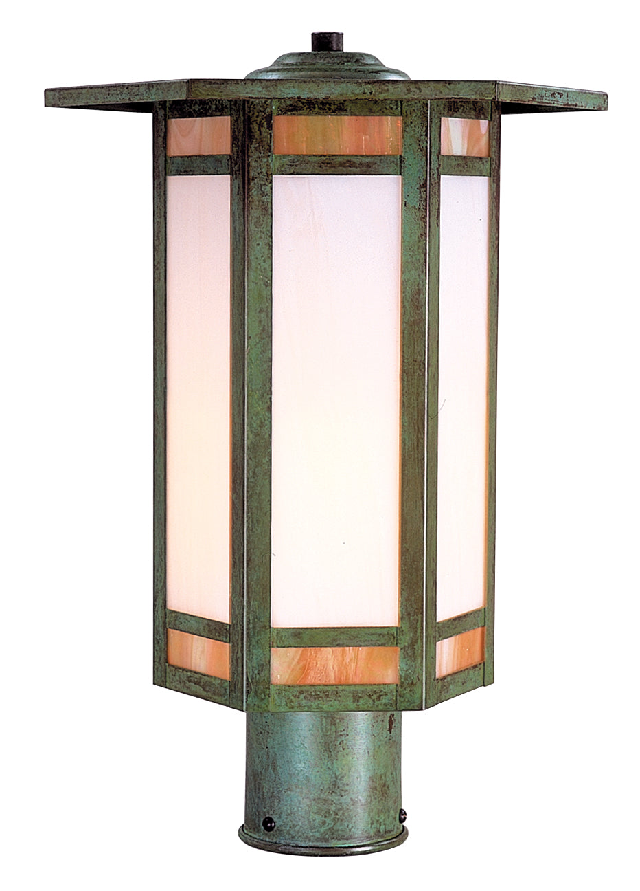 Arroyo Craftsman Etoile 11" Antique Brass Post Mount With Gold White Iridescent and White Opalescent Combination Glass