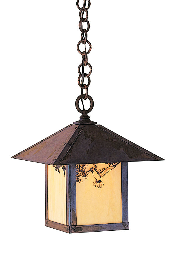 Arroyo Craftsman Evergreen 12" Raw Copper Pendant With Rain Mist Glass and Hummingbird Filigree Overlay