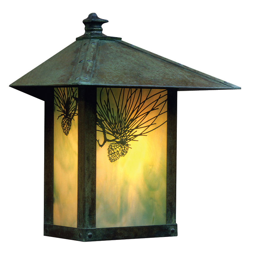 Arroyo Craftsman Evergreen 16" Antique Brass Wall Mount With Amber Mica Glass and Pine Needle Filigree Overlay