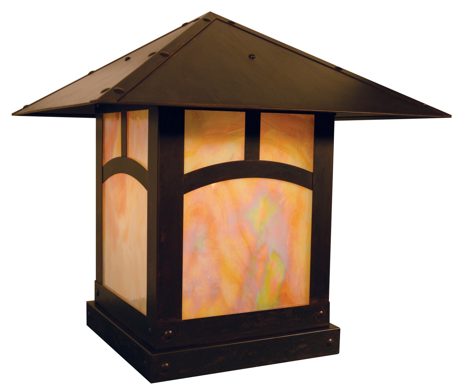 Arroyo Craftsman Evergreen 16" Rustic Brown Column Mount With Tan Glass and Hummingbird Filigree Overlay