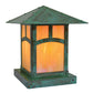 Arroyo Craftsman Evergreen 9" Verdigris Patina Column Mount With Gold White Iridescent Glass with Sycamore Filigree Overlay