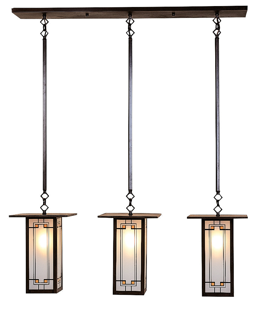 Arroyo Craftsman Franklin 9" Antique Brass Long Body 3 Light In-Line Chandelier With Yellow and Green Silk Screen Glass