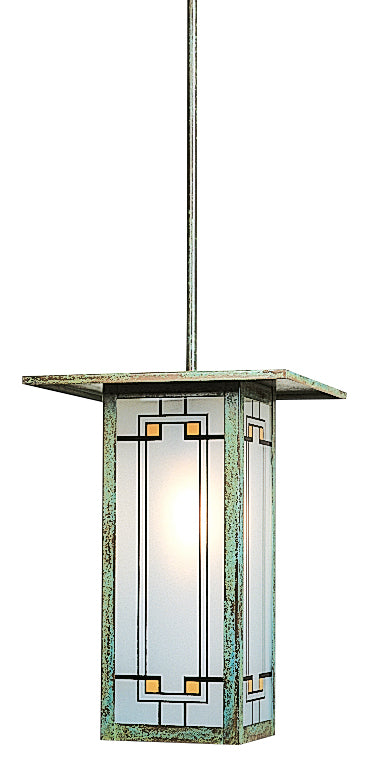 Arroyo Craftsman Franklin 9" Rustic Brown Long Body Stem Hung Pendant With Yellow and Black Silk Screen Glass