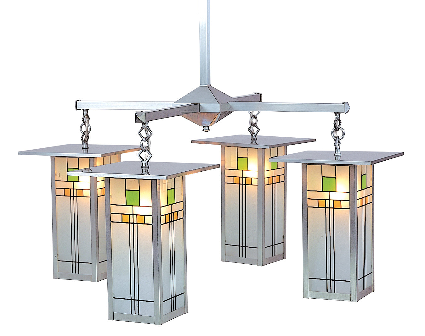 Arroyo Craftsman Franklin 9" Slate Long Body 4 Light Chandelier With Yellow and Green Silk Screen Glass