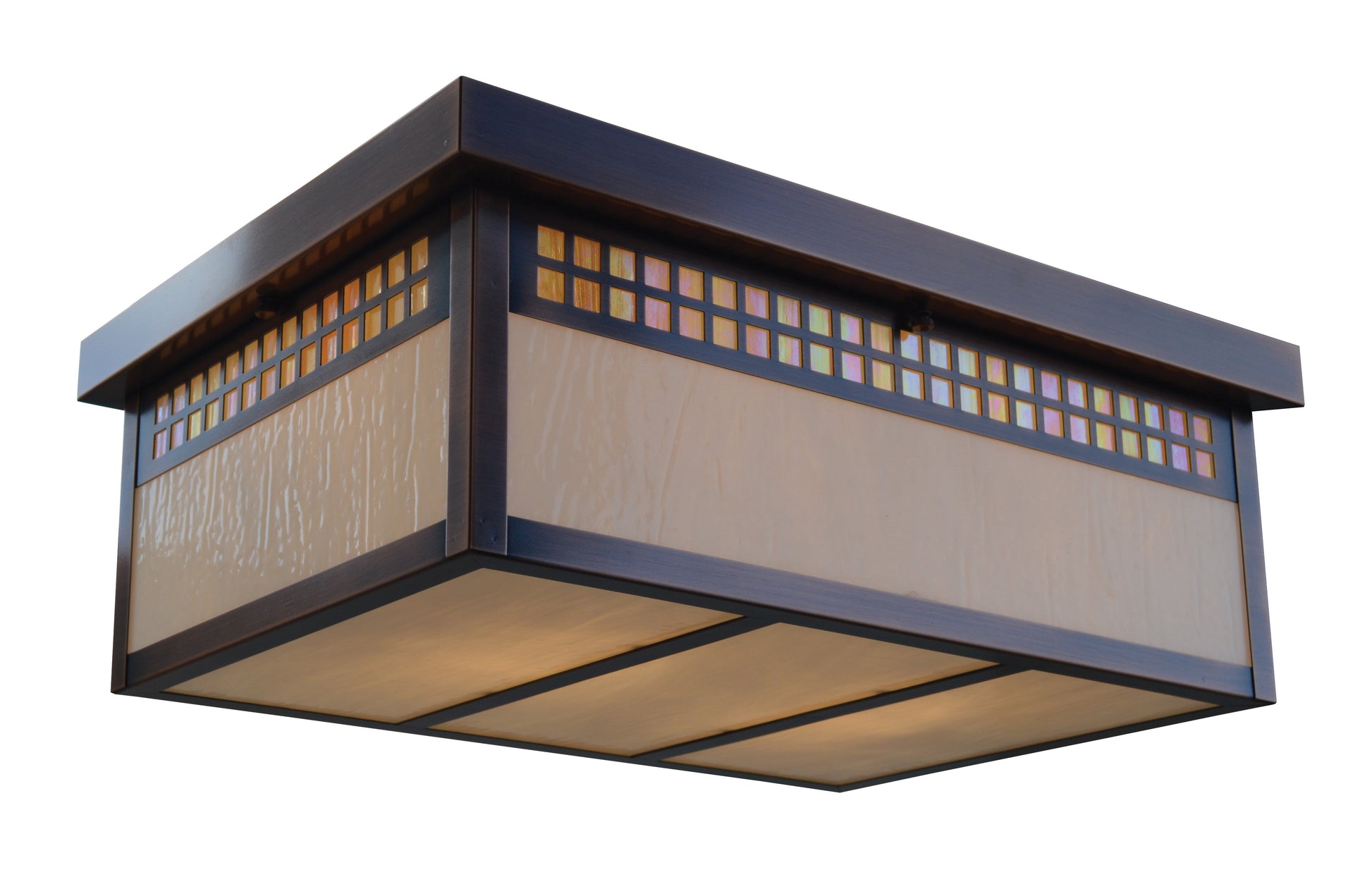 Arroyo Craftsman Glasgow 18" Antique Copper Flush Ceiling Mount With Blue and White Opalescent Combination Glass