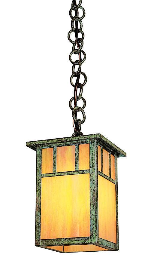 Arroyo Craftsman Huntington 4" Pewter One Light Pendant With Amber Mica Glass and Classic Arch Overlay