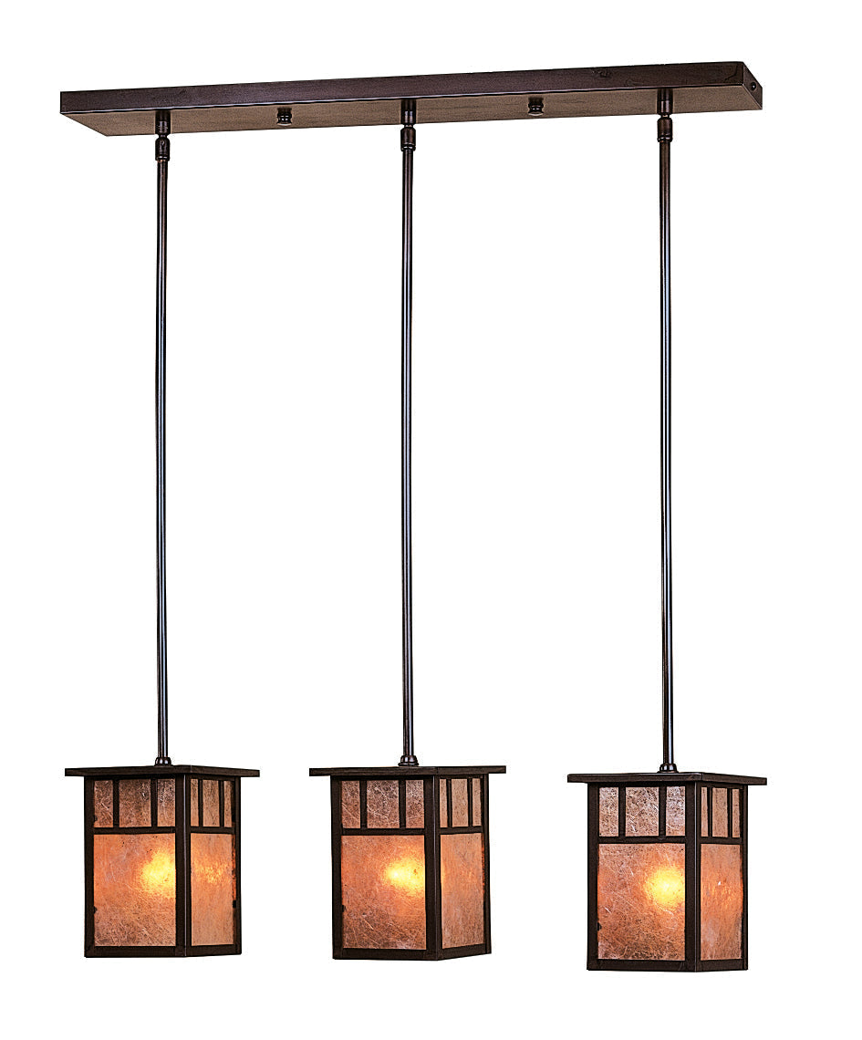 Arroyo Craftsman Huntington 4" Rustic Brown 3 Light In-Line Chandelier With Gold White Iridescent Glass