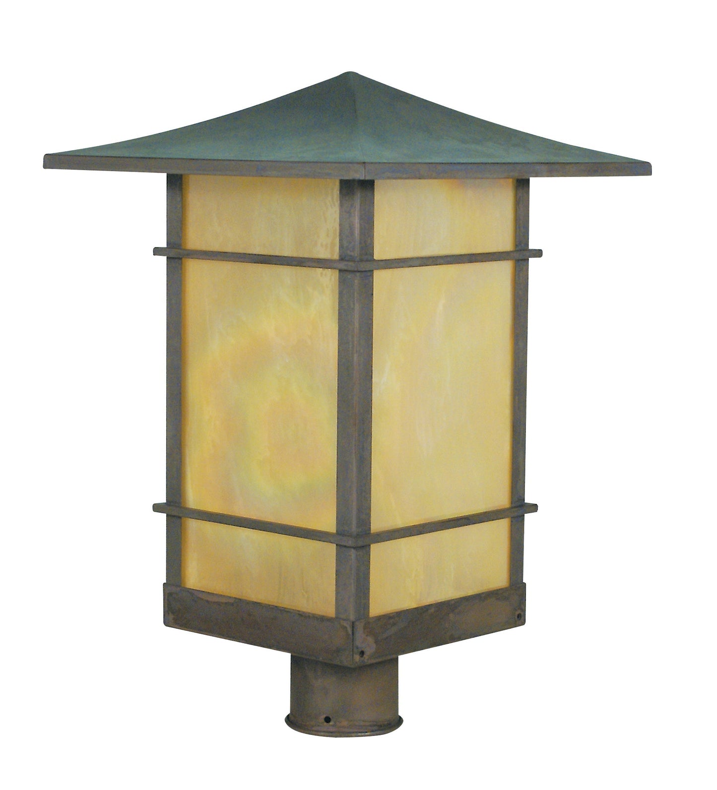 Arroyo Craftsman Katsura 12" Antique Copper Post Mount With Almond Mica Glass and Toshi Overlay