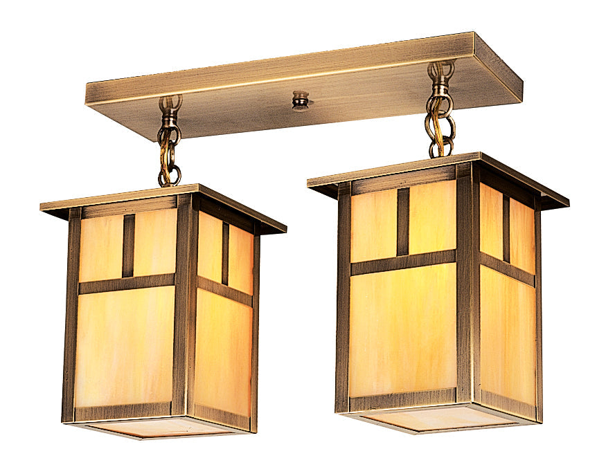 Arroyo Craftsman Mission 6" Antique Brass 2 Light Ceiling Mount With Amber Mica Glass and T-Bar Overlay