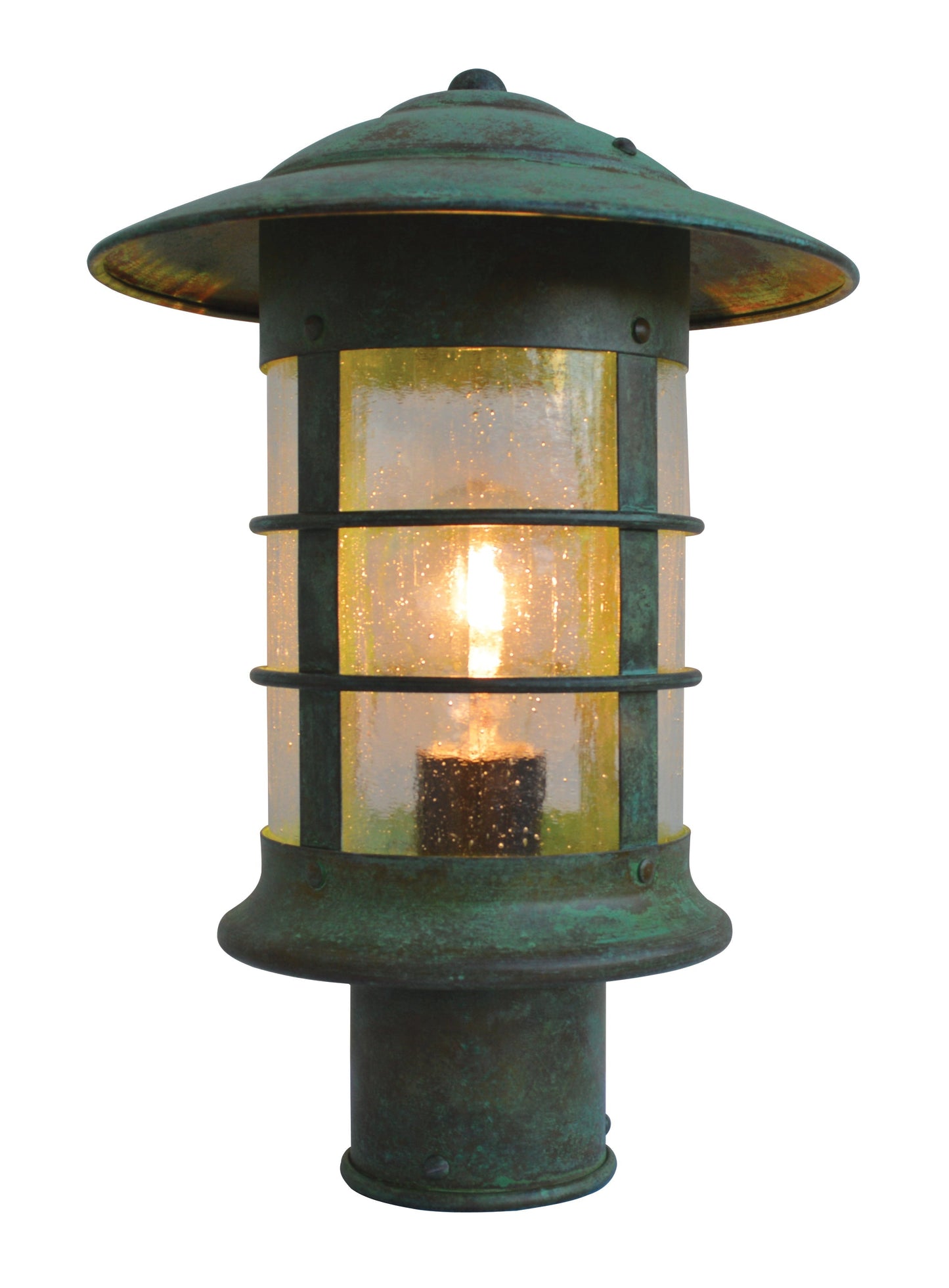 Arroyo Craftsman Newport 9" Verdigris Patina Post Mount Fixture With Amber Mica Glass