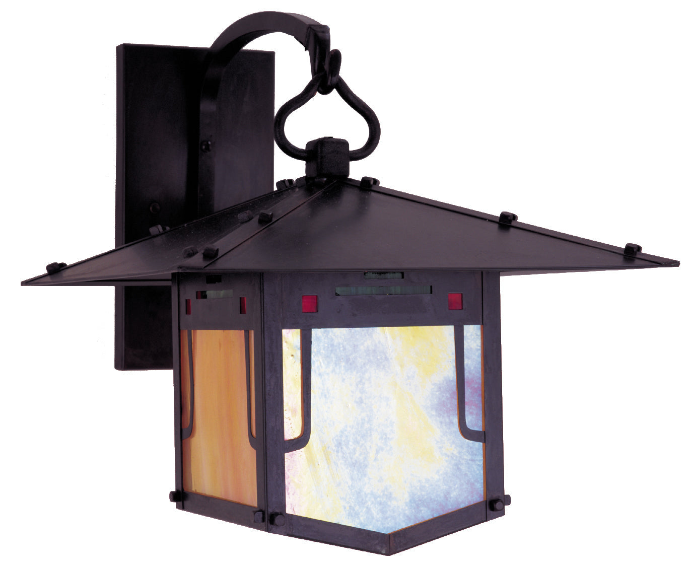 Arroyo Craftsman Pagoda 12" Antique Brass Wall Bracket With Green-Red-Gold White Iridescent Combination Glass