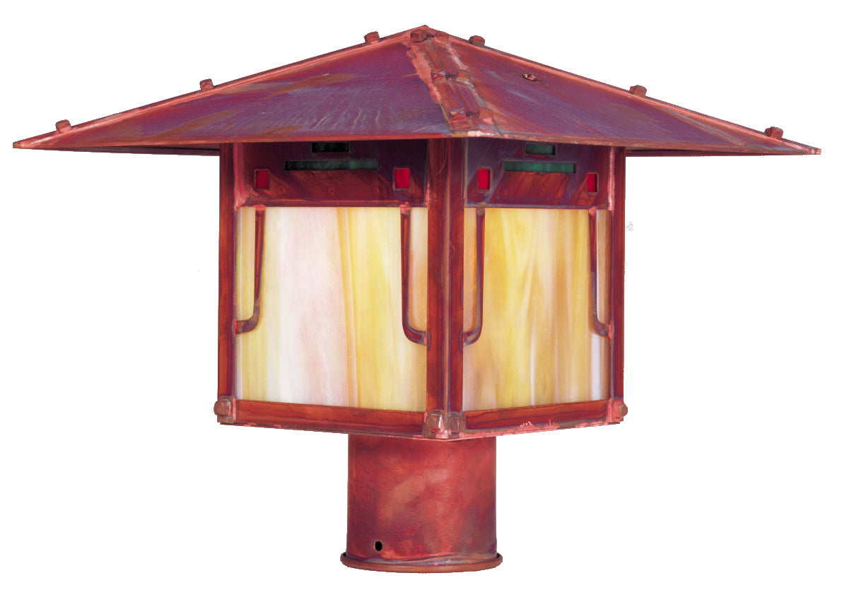 Arroyo Craftsman Pagoda 12" Antique Copper Post Mount With Green-Red-Gold White Iridescent Combination Glass