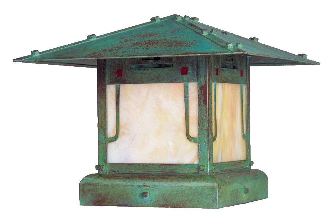 Arroyo Craftsman Pagoda 12" Mission Brown Column Mount With Green-Red-Gold White Iridescent Combination Glass