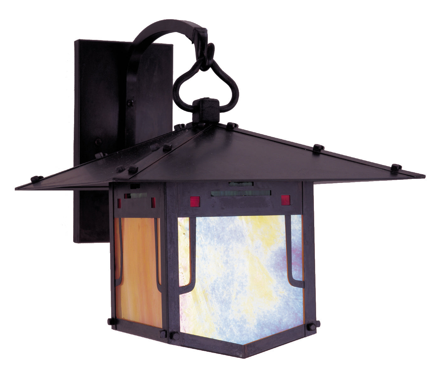 Arroyo Craftsman Pagoda 9" Antique Copper Wall Bracket With Green-Red-Gold White Iridescent Combination Glass