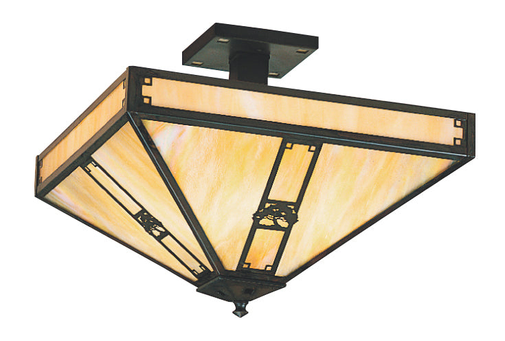 Arroyo Craftsman Pasadena 11" Satin Black Inverted Ceiling Mount With Frosted Glass and Oak Tree Filigree Overlay