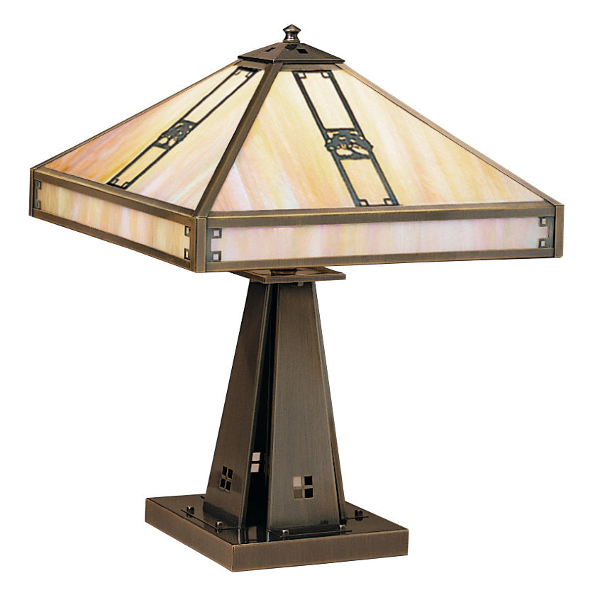 Arroyo Craftsman Pasadena 16" Raw Copper Table Lamp With Almond Mica Glass and Oak Tree Filigree Overlay